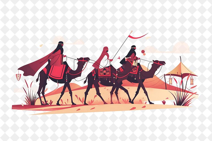 PSD arabian desert with bedouin characters having a camel race d people life style flat illustration