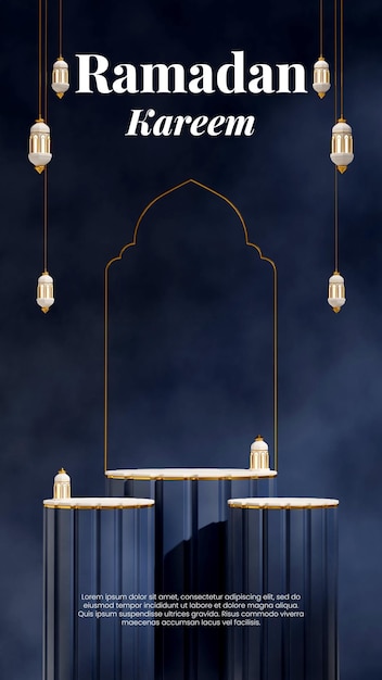 Arabian lamp ramadan kareem, rendering 3d scene template white and blue podium in portrait