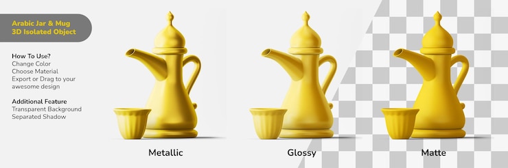 PSD アラビア語の飲み物の瓶とマグカップの3dデザインオブジェクト分離シーンクリエーター
