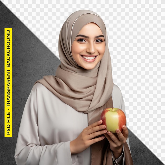 Arabic muslim woman in hijab is eating an apple transparent psd