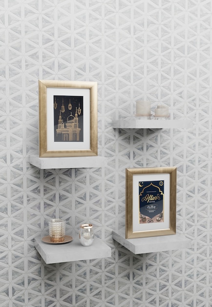 PSD arabic new year arrangement with frames on shelves