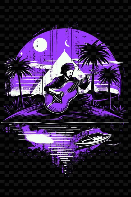 PSD arabic oud player performing in a desert oasis with palm tre vector illustration music poster idea