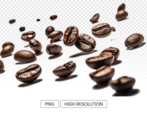 PSD arabica-koffiebonen vliegen willekeurig met een transparante achtergrond