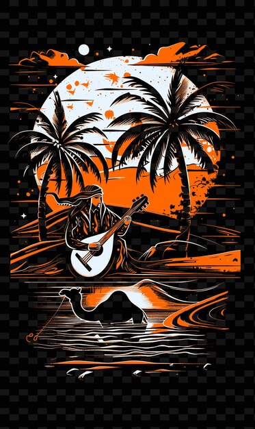 PSD arabski gracz oud występuje w pustynnej oazie z palm tre vector illustration music poster idea