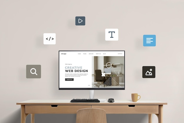 Arbetsbord med datorskärm som visar presentationssida för webbdesignstudio, omgiven av flygande