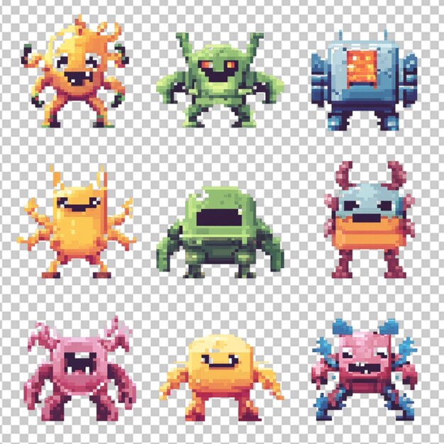 Arcade game pixel monsters characters 8 bit retry on transparent background
