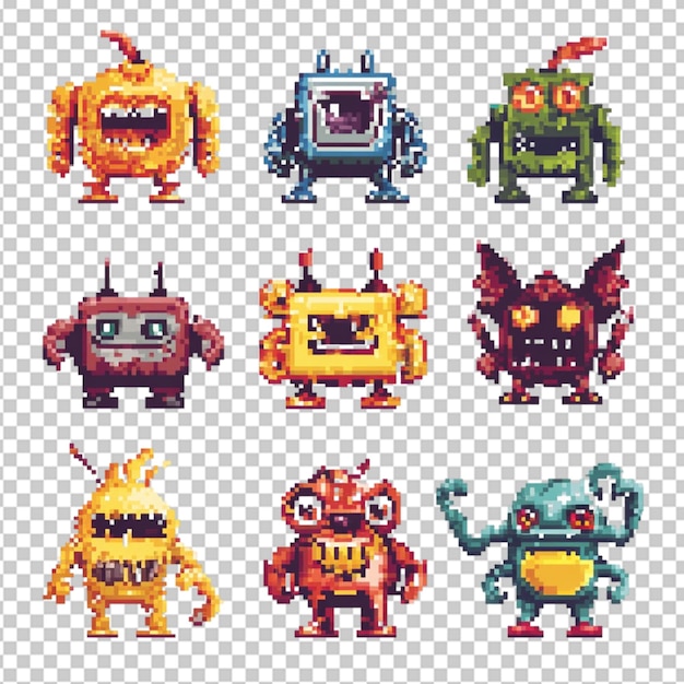Arcade game pixel monsters characters 8 bit retry on transparent background
