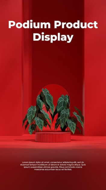 arch in wall rendering 3d empty mockup red color curved cylinder podium in portrait