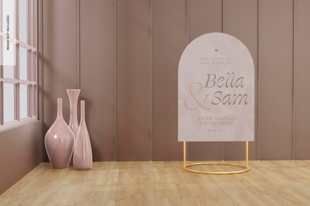 PSD arch wedding sign mockup, with vases