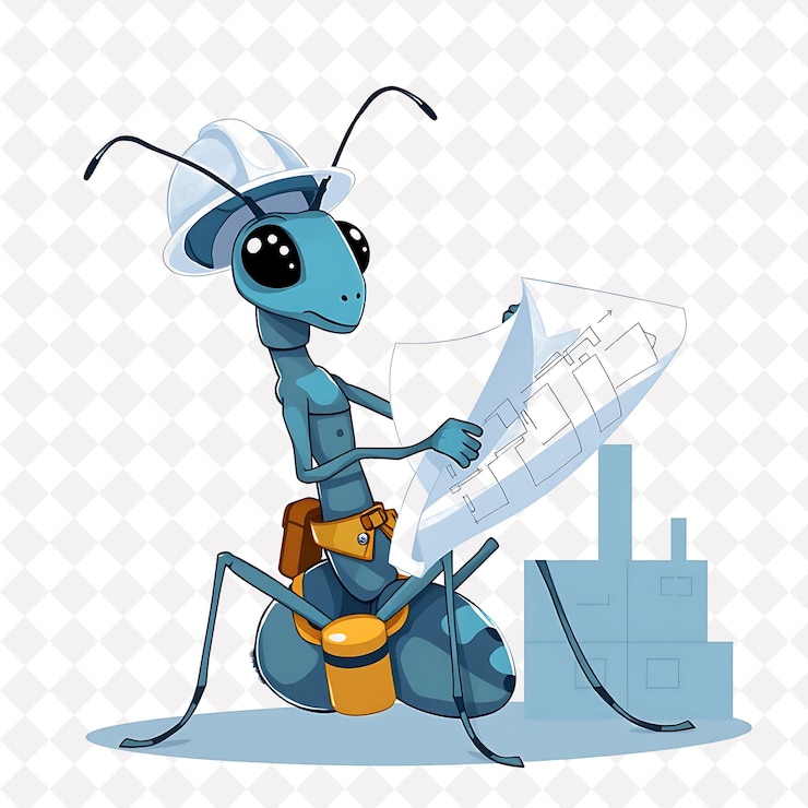 PSD architect ant building with a blueprint pose wearing a hard hat and tool belt 2d vivid blue and gra