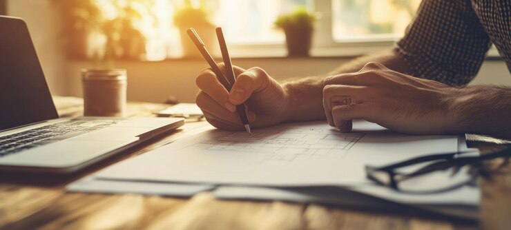 PSD architect ontwerpt blauwdruk binnenwerkruimte creatieve professional op het werk gedetailleerd plan laptop en potloden