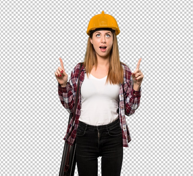 PSD architect woman surprised and pointing up