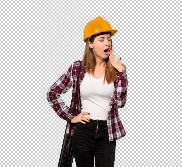 Architect woman yawning and covering wide open mouth with hand