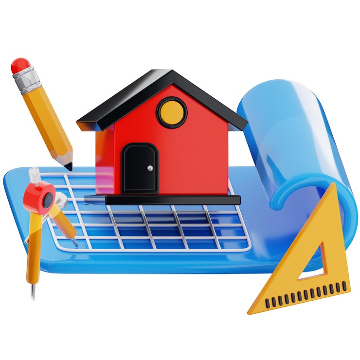 PSD architectural design concept with tools and house model