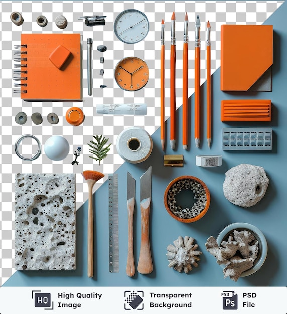 Architectural design tools set displayed on a blue table including a white clock orange pen and orange envelope with a round white ball in the foreground