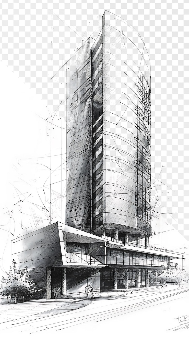 PSD architectural sketch of modern office tower on white paper