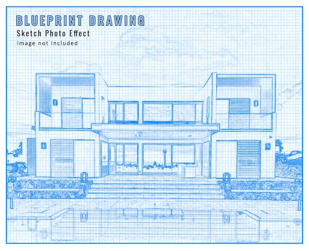 Architecture blueprint sketch drawing photo effect mockup