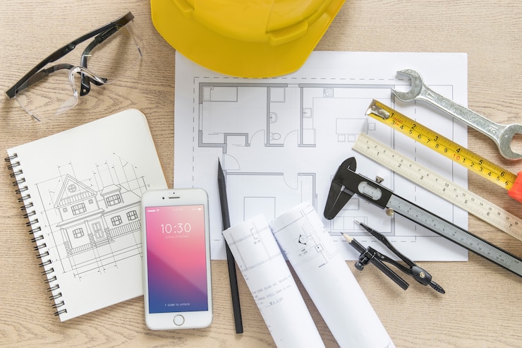PSD architecture composition with notepad and smartphone mockup
