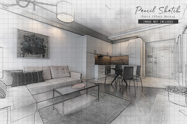 PSD architecture pencil sketch photo effect mockup