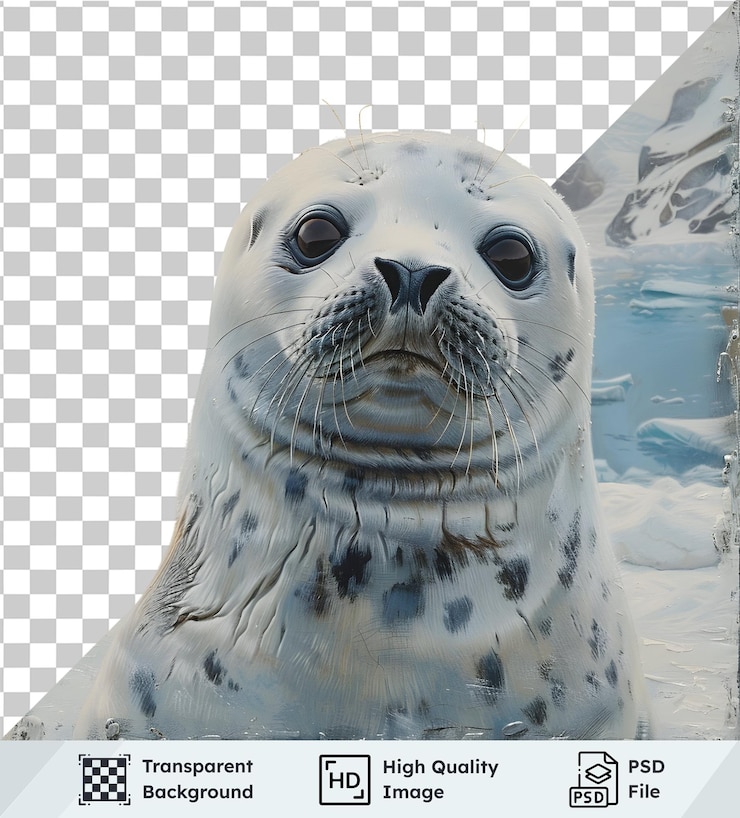 PSD arctic seal pup portrait against icy landscape with transparent background