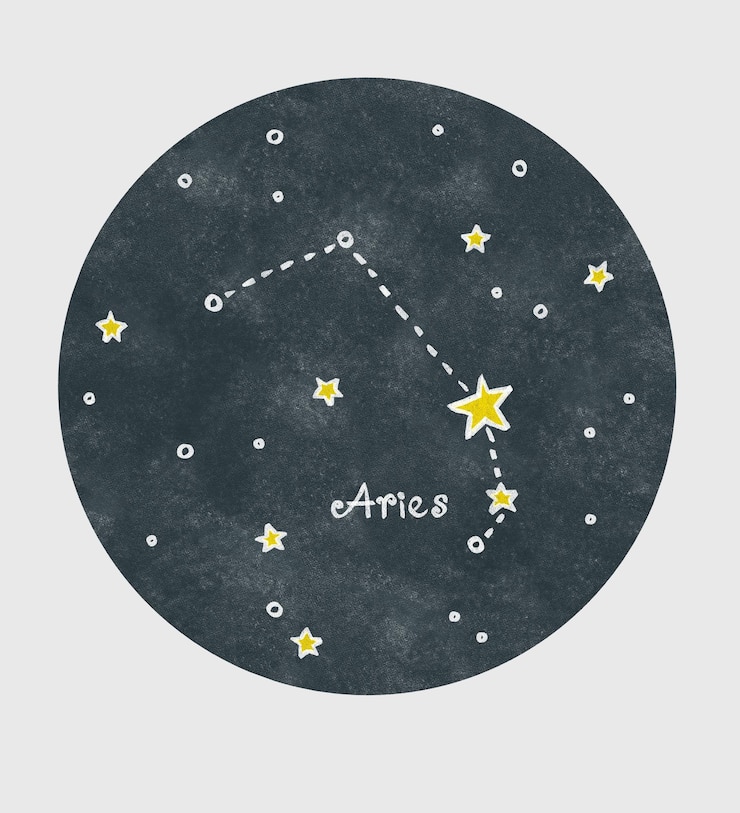 PSD 아리우스 별자리 (aries constellation) 는 텍스처 서클 배경에 어린이 만화 스타일로 크레이온으로 손으로 그려진 별자리입니다.