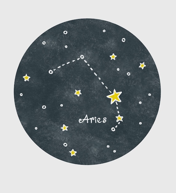 Aries sterrenbeeld met de hand getekend met kleurpotloden in kinderlijke cartoon stijl op textuur cirkel achtergrond