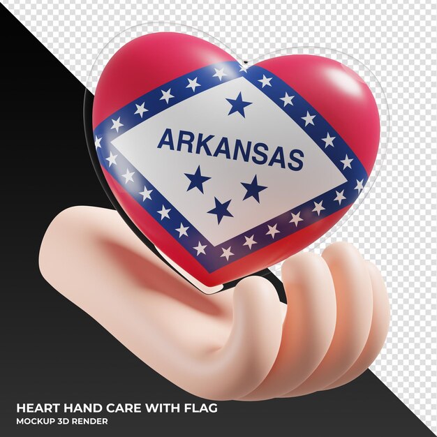 PSD arkansas flag with heart hand care realistic 3d textured