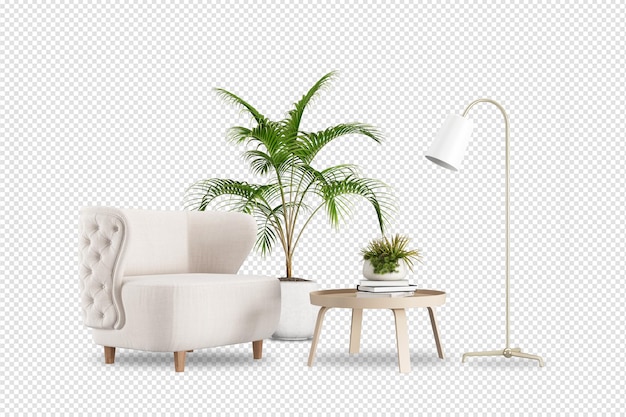 PSD 居間のモックアップの肘掛け椅子および植物