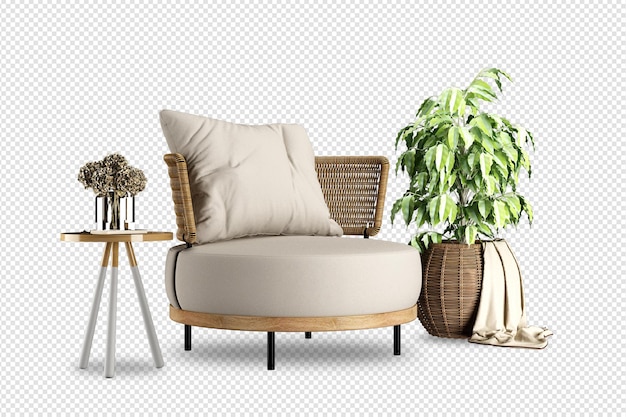 3d 렌더링의 안락 의자 및 식물 모형