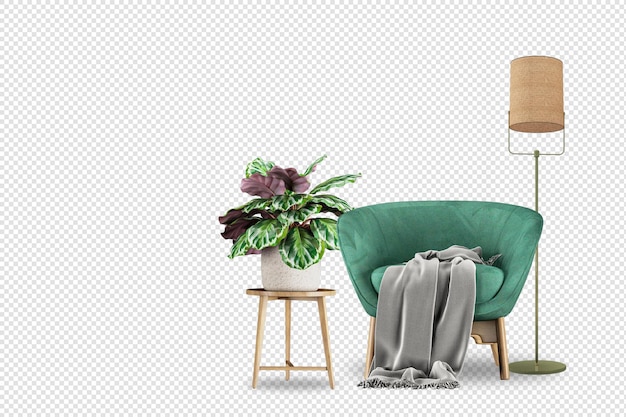 PSD armchair and plant in 3d rendering