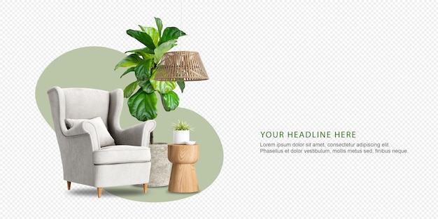 PSD armchair and plant mockup 3d rendering