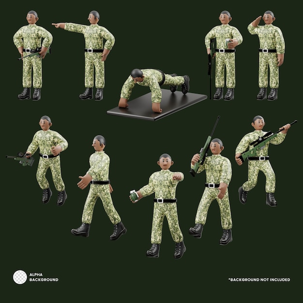 Insieme dell'illustrazione del carattere dell'esercito 3d