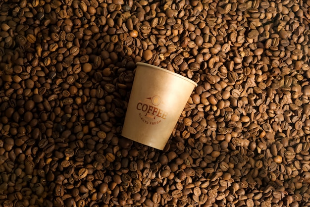 Aromatic coffee beans and paper mockup cup.