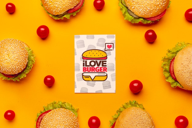 PSD arrangement of burgers and tomatoes mock-up