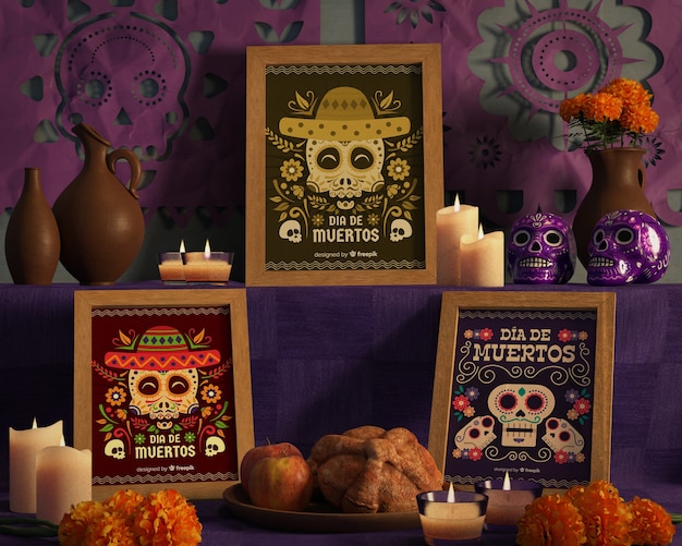 Arrangement of colours and designs for day of the dead mock-ups