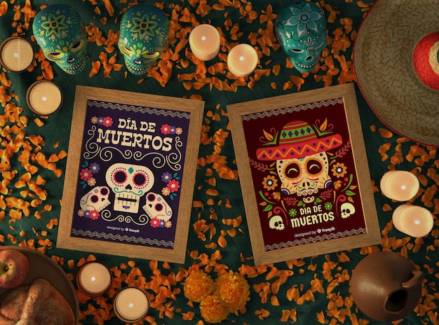 PSD arrangement of dia de muertos mexican skull mock-ups