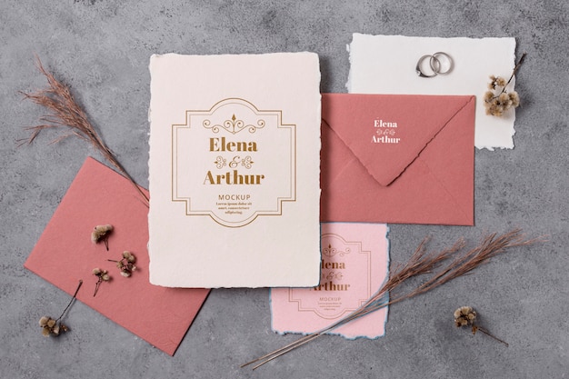 PSD arrangement of elegant wedding mock-up cards