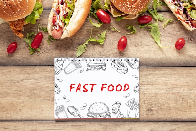 PSD arrangement of fast food mock-up on wooden table