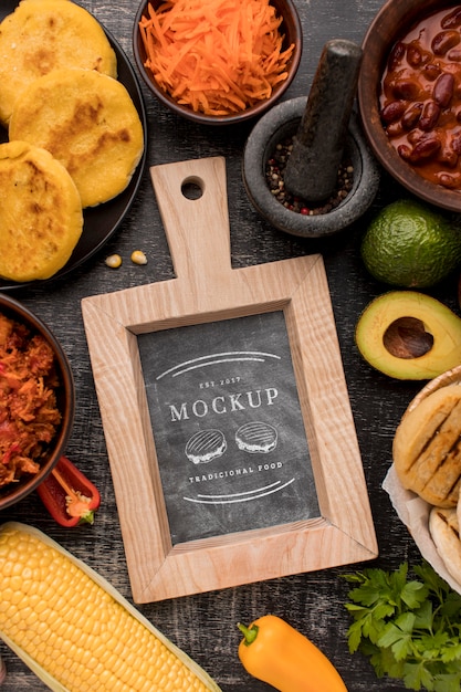 Arrangement of food mock-up flat lay