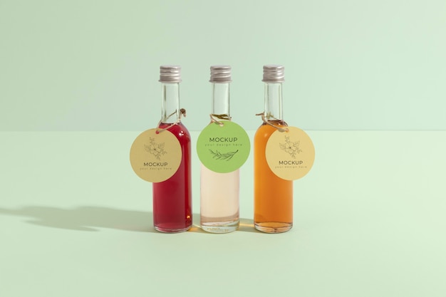 arrangement of glass bottles with tag
