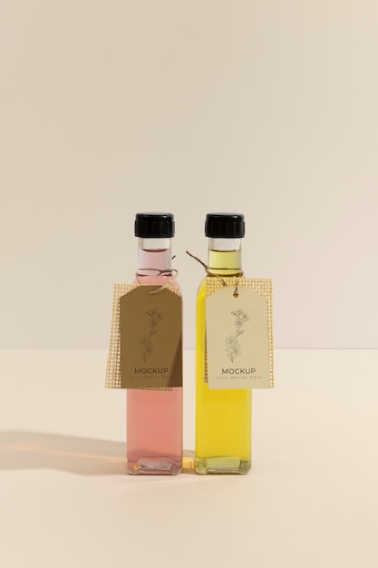 arrangement of glass bottles with tag