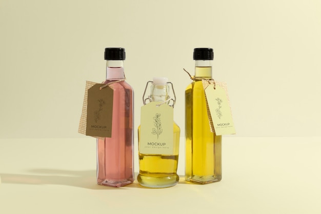 arrangement of glass bottles with tag