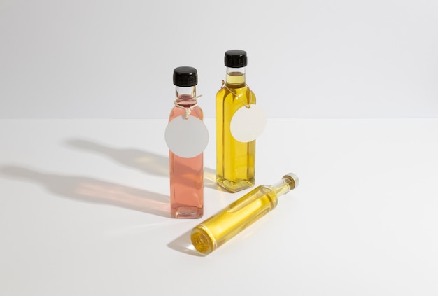 arrangement of glass bottles with tag