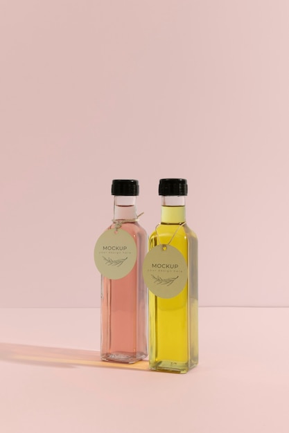 arrangement of glass bottles with tag