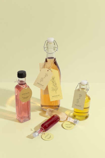 Arrangement of glass bottles with tag