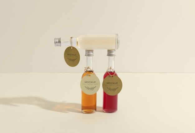 arrangement of glass bottles with tag