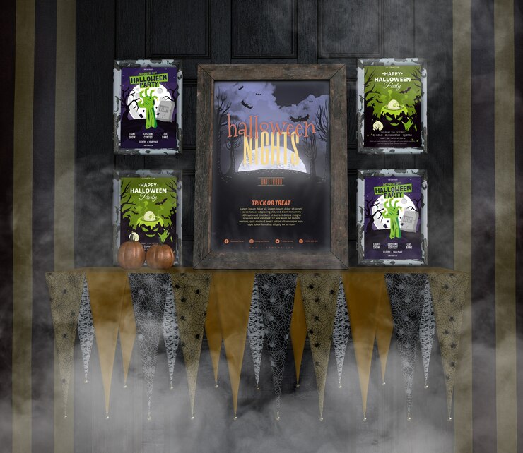 PSD arrangement of halloween mock-ups on a creepy wall