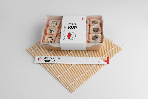 PSD arrangement of japanese fast food with mock-up packaging