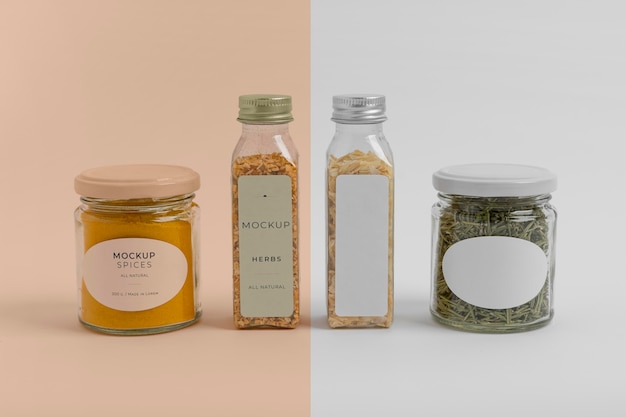 Arrangement of spices with label mock-up