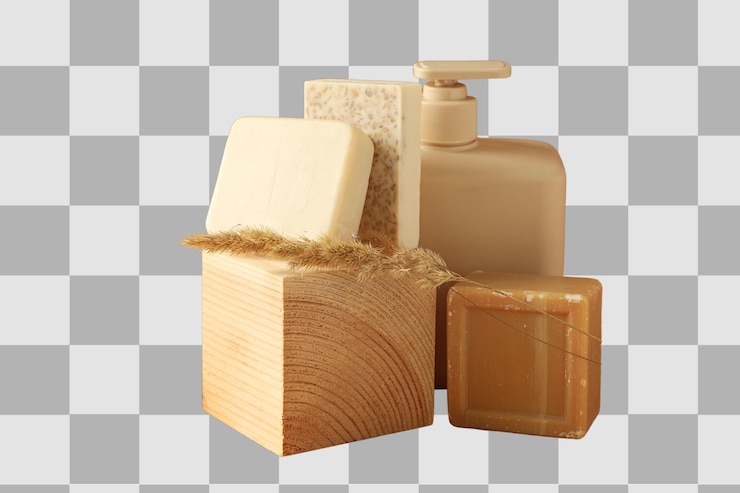 PSD arrangement of various soap bars and a dispenser isolated on white png
